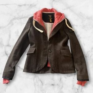 Wool Blend Brown Blazer Jacket with Coral Hoodie Lining